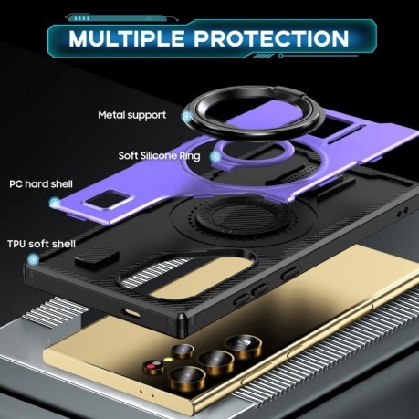 Протиударний чохол Ring Holder Carbon Fiber PC Hybrid TPU  для Samsung Galaxy S25 Ultra 5G - фіолетовий