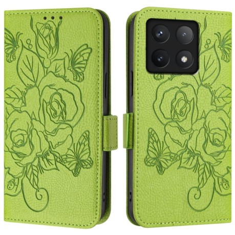 Чехол-книжка Embossed Rose RFID Anti-theft Leather для Xiaomi 14T - зеленый