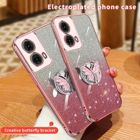 Противоударный чехол Plated Gradient Glitter Butterfly Holder для Motorola Moto G85 - голубой