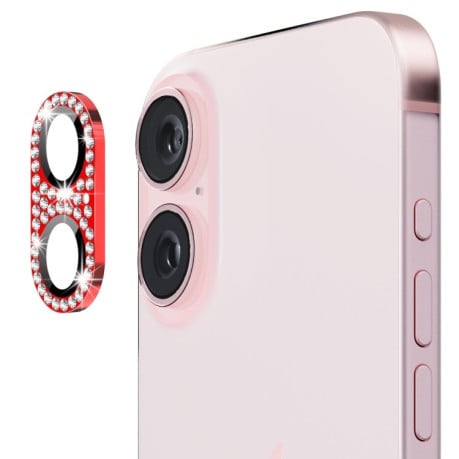 Защитное стекло на камеру ENKAY Hat-Prince Blink Diamond Camera Lens Aluminium Alloy для iPhone 16 / 16 Plus - красное