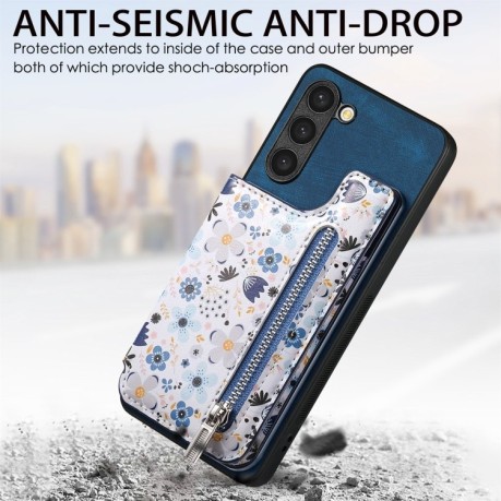 Противоударный чехол Retro Painted Zipper Wallet для Samsung Galaxy S24+ 5G - синий