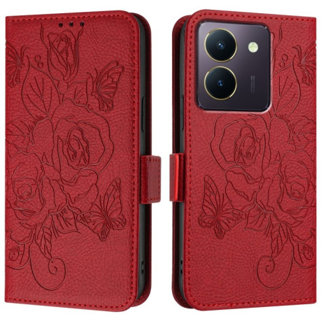 Чехол-книжка Embossed Rose RFID Anti-theft Leather для Vivo Y36 5G / 4G / Y27s 4G Global - красный