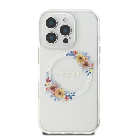 Оригинальный чехол Guess IML Flowers Wreath MagSafe для iPhone 16 Pro Max - Clear
