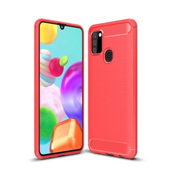 Чехол Brushed Texture Carbon Fiber на Samsung Galaxy A21s - красный