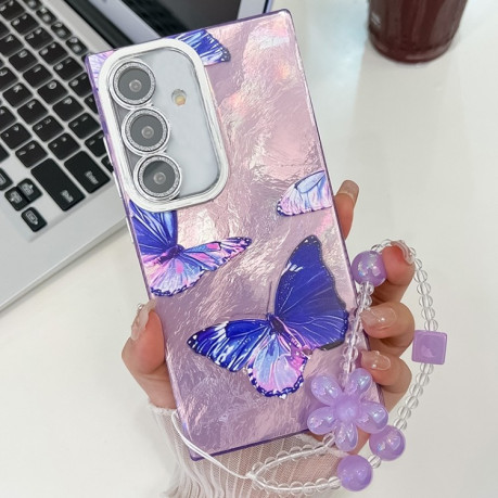 Противоударный чехол Plating Glitter Lens Film Texture Butterfly Holder Wristband для Samsung Galaxy S25+ 5G - Purple Butterflies