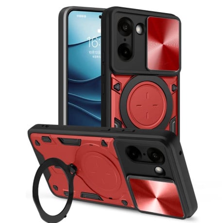 Чехол со шторкой камеры CD фактурой и подставкой на OnePlus Ace 5 Racing / Nord CE5 - красный