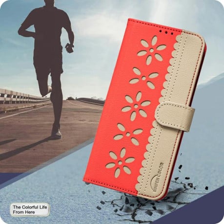 Чохол-книжка Splicing Color Hollow Flower Pattern RFID на Xiaomi Redmi Note 15 Pro 4G Global 163.2mm — червоний