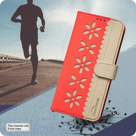 Чехол-книжка Splicing Color Hollow Flower Pattern RFID для Xiaomi Poco F7 5G - красный
