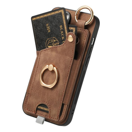 Чехол Retro Skin-feel Ring Card Bag для iPhone 16e - коричневый