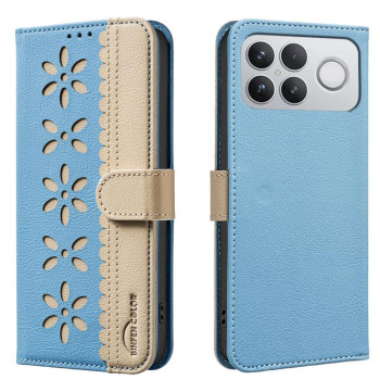 Чохол-книжка Splicing Color Hollow Flower Pattern RFID на Xiaomi Redmi K90 Pro Max/Poco F8 Ultra — ніжно-блакитний