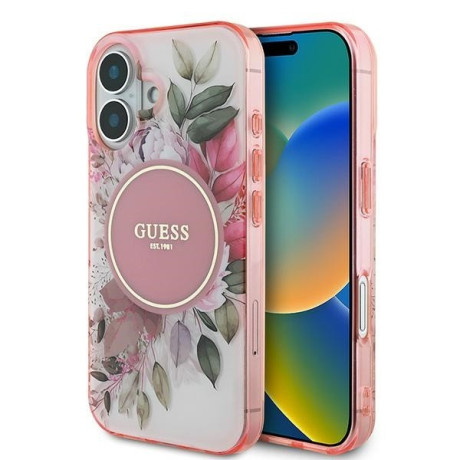 Оригинальный чехол Guess IML Flower &amp; Tonal Circle MagSafe для iPhone 16  - Pink