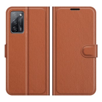 Чехол-книжка с фактурой Litchi и магнитным хлястиком на OPPO A55 5G - коричневый
