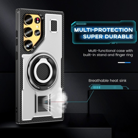 Противоударный чехол Ring Holder Carbon Fiber PC Hybrid TPU для Samsung Galaxy S25 Ultra 5G - белый
