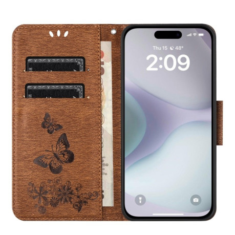 Чохол-книжка Embossed Butterfly для iPhone 16 Plus - коричневий
