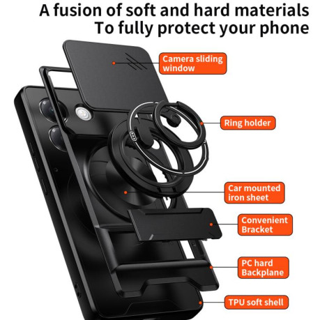 Противоударный чехол Lens Sliding Window Multifunctional Magnetic Shockproof со шторкой камеры на Xiaomi Poco M7 Pro 5G — титаново-серый