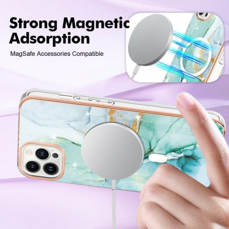 Противоударный чехол Marble Pattern Dual-side IMD Magsafe для iPhone 15 Pro Max - зеленый