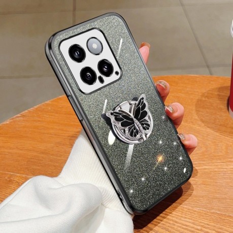 Противоударный чехол Plated Gradient Glitter Butterfly Holder для Xiaomi 14 - черный