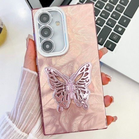 Противоударный чехол Plating Glitter Texture Butterfly для Samsung Galaxy S25 5G - Pink Feathers