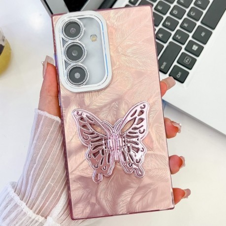 Противоударный чехол Plating Glitter Texture Butterfly для Samsung Galaxy A36 5G - Pink Feathers