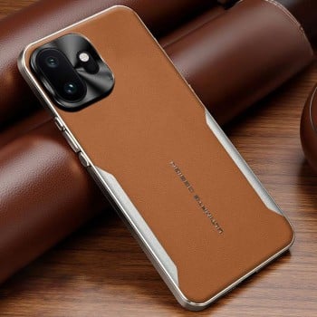 Противоударный чехол Electroplated Frame Sheepskin Texture Morandi Color с кожаной фактурой на OnePlus 15T — хаки