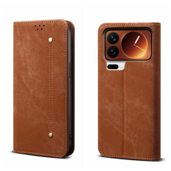 Чехол-книжка с джинсовой тканью casual на Xiaomi 17 Pro Max — коричневый