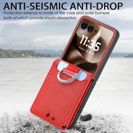 Противоударний чехол Litchi Texture Leather Ring Wallet на Motorola Razr 60 Ultra - червоний