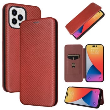 Чохол-книжка Carbon Fiber Texture на iPhone 14 Pro Max - коричневий