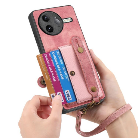 Противоударный чехол Retro Cross Wristband Wallet Leather для Xiaomi Poco F7 Ultra - розовый