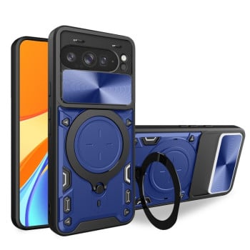 Чохол із шторкою камери CD фактурою та підставкою на Google Pixel 9 Pro XL - синій
