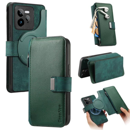 Чехол-книжка CaseNeo MagSafe RFID Anti-theft Zipper Wallet Retro Leather для Realme GT 7 Pro - зеленый