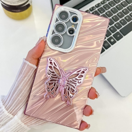 Противоударный чехол Plating Glitter Texture Butterfly для Samsung Galaxy S25 Ultra 5G - Pink Water Ripples