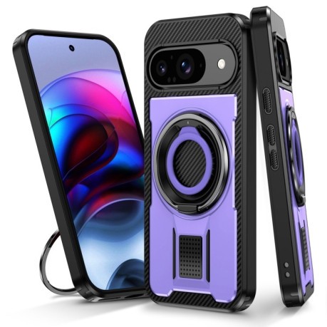 Противоударный чехол Ring Holder Carbon Fiber PC Hybrid TPU для Google Pixel 9 / 9 Pro - фиолетовый
