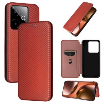 Чехол-книжка Carbon Fiber Texture на Realme GT 7/GT 7T - коричневый