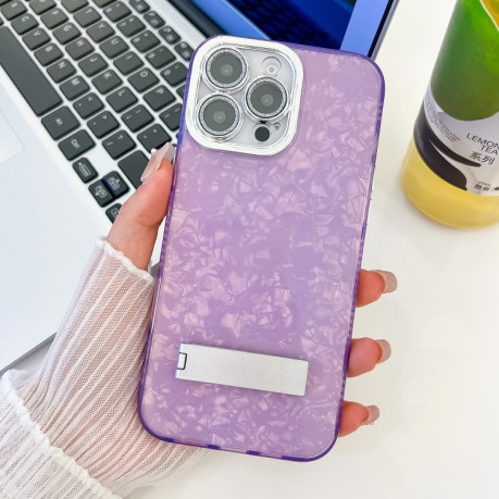 Противоударный чехол Plating Glitter Texture Fold Holder with Lens Film для iPhone 16 Pro Max - Purple Shell Pattern