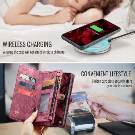 Чехол-кошелек CaseMe 008 Series Zipper Style на Samsung Galaxy S24 FE 5G - винно-красный