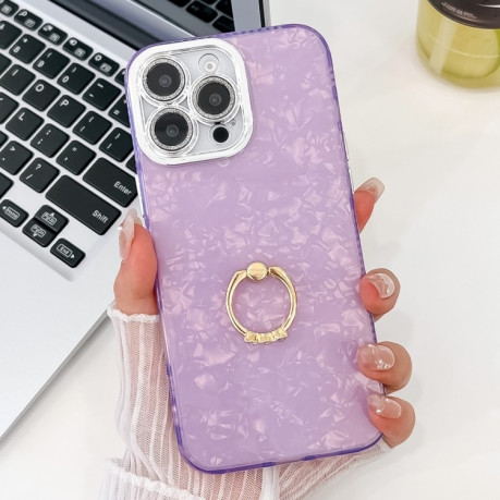 Противоударный чехол Plating Glitter Texture Ring Holder для iPhone 16 Pro - Purple Shell Pattern