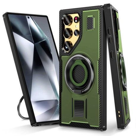 Протиударний чохол Ring Holder Carbon Fiber PC Hybrid TPU  для Samsung Galaxy S25 Ultra 5G - зелений