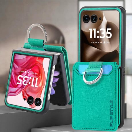 Противоударний чехол Litchi Texture Leather Ring Wallet на Motorola Razr 60 Ultra - зелений