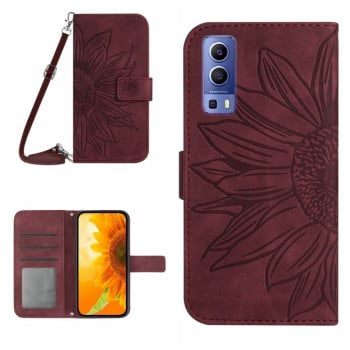 Чехол-книжка Skin Feel с рисунком подсолнуха на Vivo Y72 5G/iQOO Z3/Y52 5G/Y53S - винно-красный