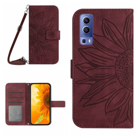 Чехол-книжка Skin Feel Sun Flower для Vivo Y72 5G/iQOO Z3/Y52 5G/Y53S - винно-красный