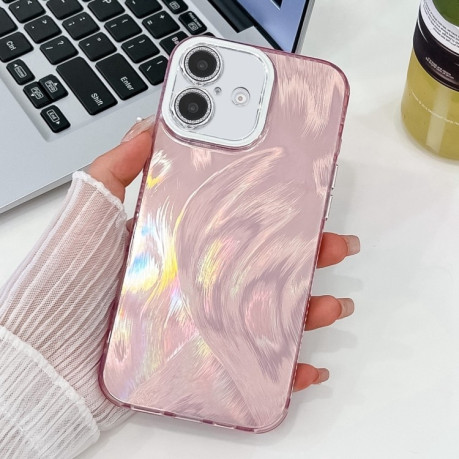 Противоударный чехол Plating Glitter Texture TPU with Lens Film для iPhone 16 Plus - Pink Feather Yarn