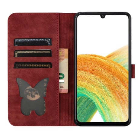 Чохол-книжка з тисненням Butterfly Cat м'яка фактура з магнітним хлястиком на Samsung Galaxy S25 FE 5G - червоний
