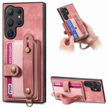 Чехол-кошелёк в винтажном стиле Retro с ремешком на запястье на Samsung Galaxy S24 Ultra 5G - розовый