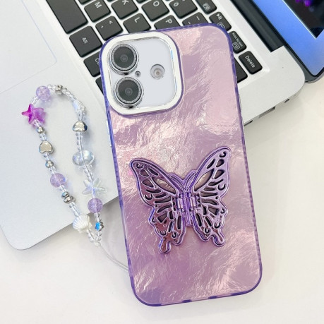 Противоударный чехол Plating Glitter Lens Film Texture Butterfly Holder Wristband для iPhone 16 - Purple Tinfoil Texture