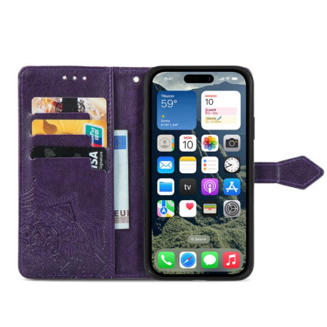 Чехол-книжка Mandala Embossing Pattern на iPhone 16e - фиолетовый