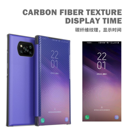 Чехол-книжка Carbon Fiber Texture View Time для Xiaomi Poco X3 - красный