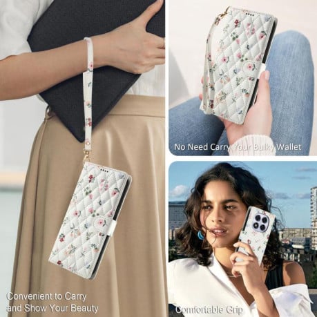 Чехол книжка Flower Pattern Buckle Leather with Lanyard с цветами и ремешком на Xiaomi Redmi Note 15 4G / 5G /Poco M8 164mm — синий с с цветочным рисунком