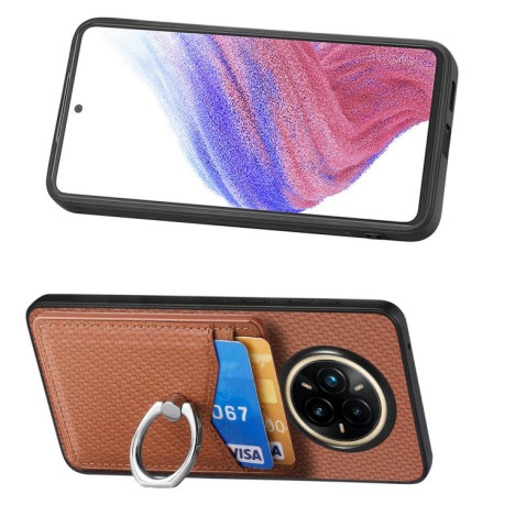 Противоударный чехол Carbon Fiber Card Wallet Ring Holder для Realme 14 Pro+ - коричневый