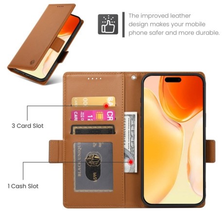 Чехол-книжка Side Buckle Magnetic Frosted Leather для iPhone 16 Plus - коричневый