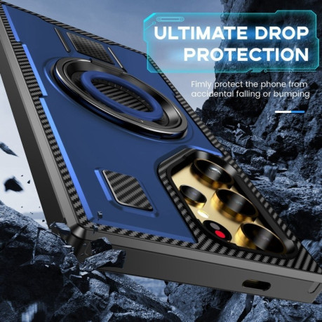 Противоударный чехол Ring Holder Carbon Fiber PC Hybrid TPU для Samsung Galaxy S25 Ultra 5G - синий